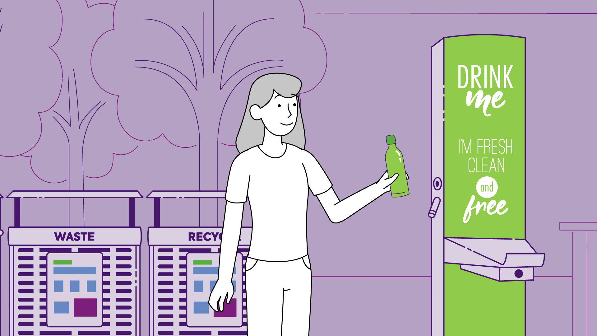 Cartoon girl with water bottle at water refill station