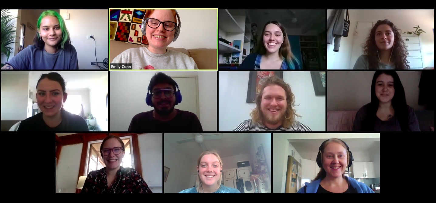 Collages of portrait photos of GAP members on a zoom meeting