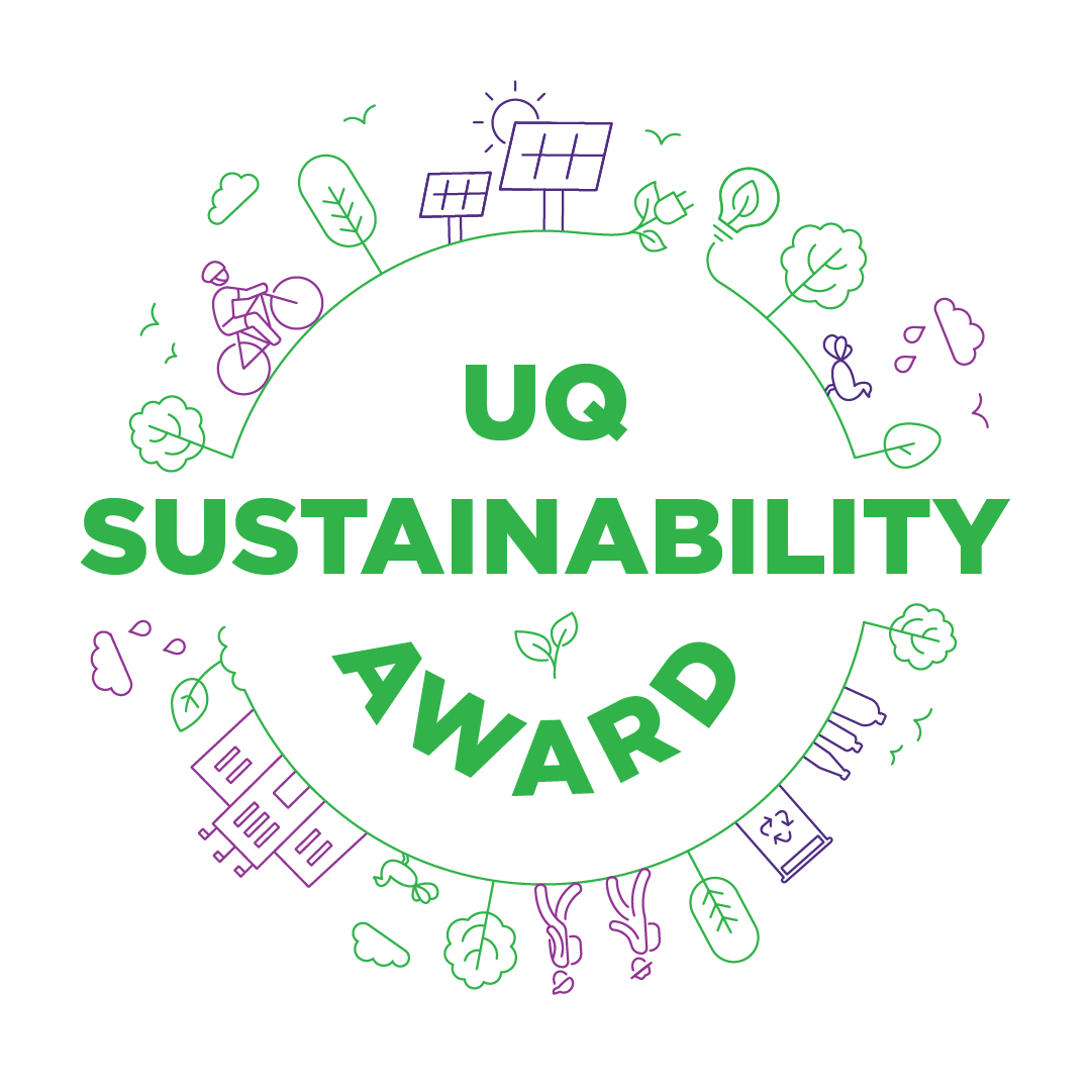 Sustainability Award logo with cartoon students, wildlife, recycling and solar