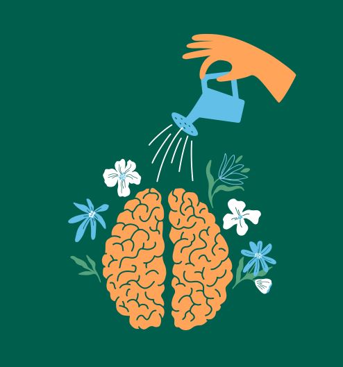 Graphic of human hand watering flowers in brain.
