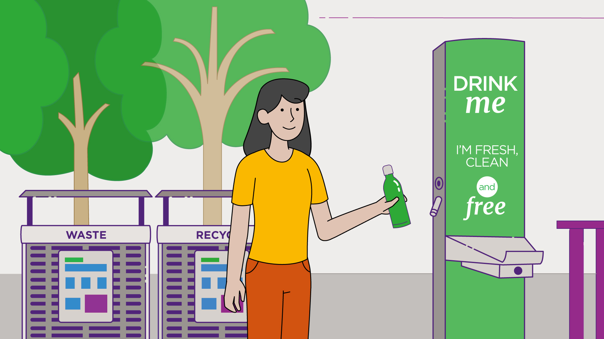 Cartoon girl with water bottle at water refill station