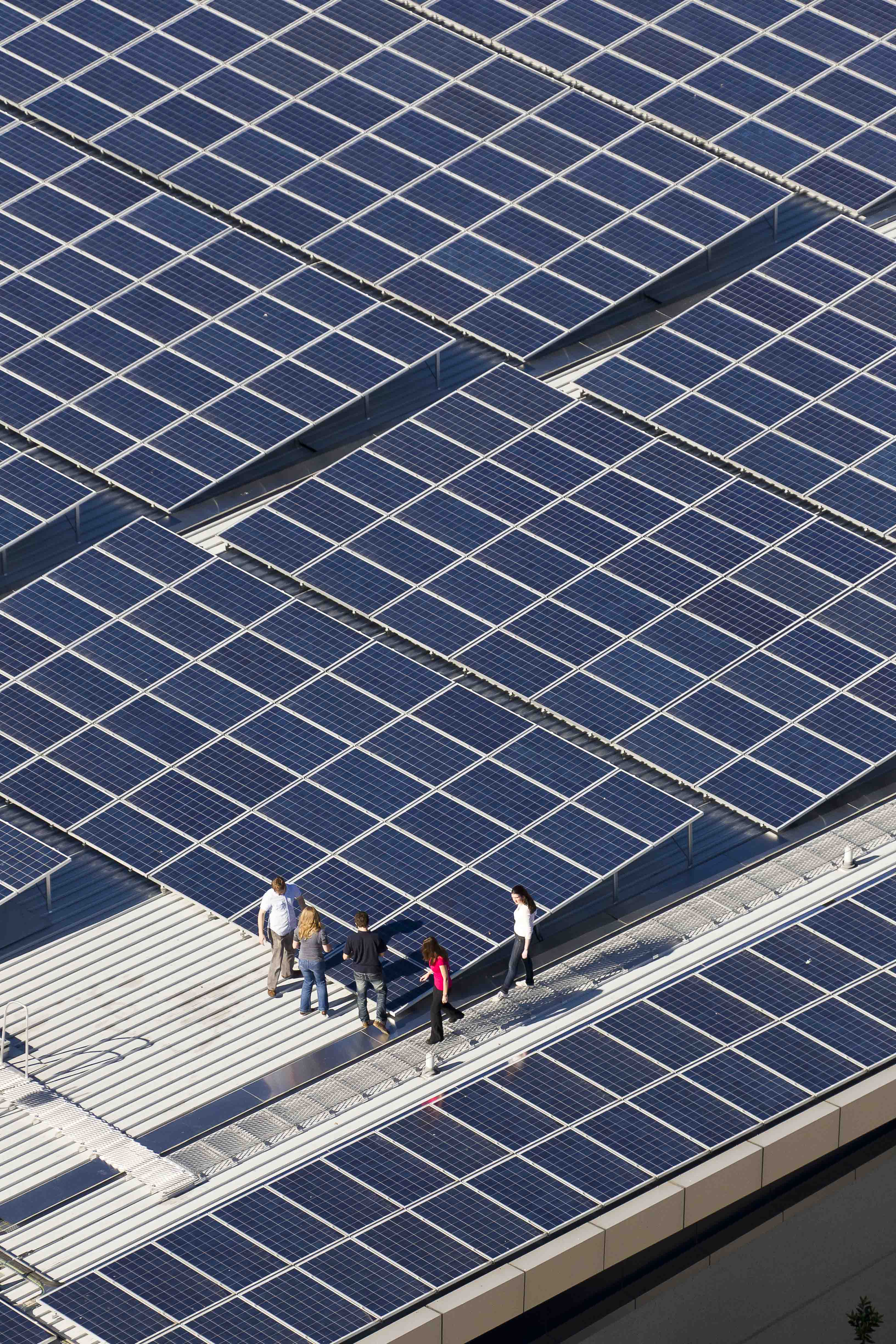 Roof top covered in solar panels with people viewing the panels