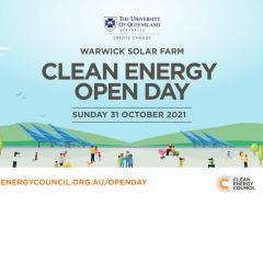 Warwick Solar Farm Clean Energy Open day graphic with solar panels, hills and visitors