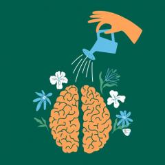 Graphic of human hand watering flowers in brain.