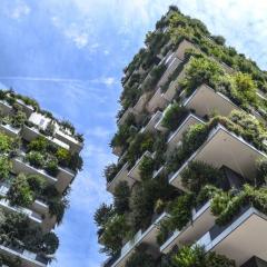 Ground view image of buildings covered in vertical gardens with blue sky in the background